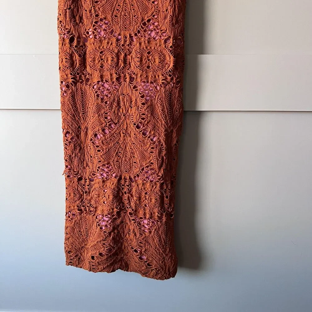 Intimately Free People Mini Dress Womens XS/S Rust Crochet Lace Bodycon Made USA - Picture 4 of 6